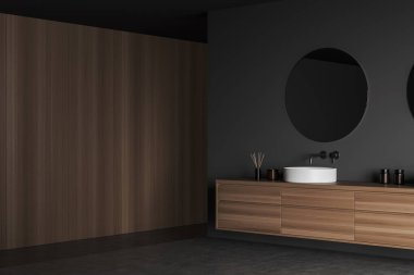 Lavabo, yuvarlak ayna, yan görüş, gri beton zemin. Modern otel odası. Boşluğu kopyala boş ahşap duvar, 3B görüntüleme