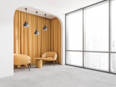 Parlak kafe odasının iç kısmının köşesi. Ayrı odalar, koltuklar, sehpa, panoramik pencere, beton zemin. Minimalist tasarım. Toplantı ve rahatlama için yer var. 3d oluşturma