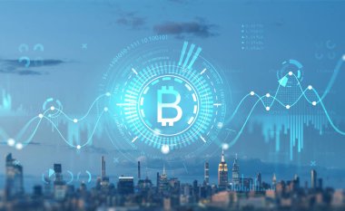 Verileri ve grafikleri olan kripto para birimi hologramı, bitcoin dinamikleri. İkili sayı sistemi, panoramik New York manzarası. Bankacılık ve finansal iletişim kavramı