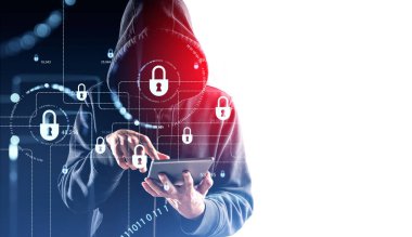 Hacker parmak dokunuşu tablet, kilit zinciri ve ikili kodlama. Siber saldırı ve büyük veri koruması kavramı. Kopyalama alanı