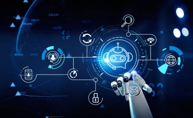 Robot el parmağı ses sohbet robotları ve iş ağı simgelerinin hologramına değdi. Yapay zeka, dünya çapında ve ikili sistem. Makine öğrenme kavramı. 3B görüntüleme
