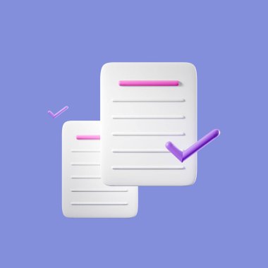 Açık mor arkaplan üzerine iki sayfa kağıt. İş belgeleri ve toplantı programı. İş planları kavramı. 3B görüntüleme