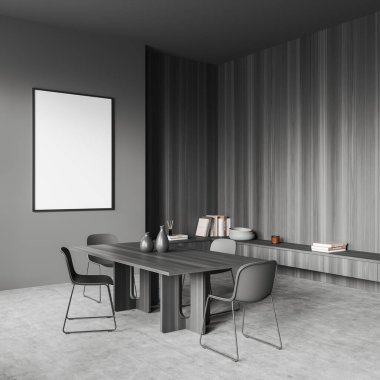 Karanlık toplantı köşesi içinde sandalyeler ve masa, raflarda kitaplar ve dekorasyon, gri beton zemin. Duvara boş bir poster yapıştırın, 3D görüntüleme