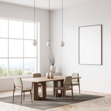 Beyaz toplantı odasının içinde halı ve ahşap döşeme, yan manzara, dekorasyonla ayakta durun. Kırsal kesimde panoramik pencere. Duvara 3 boyutlu bir poster yapıştırın.