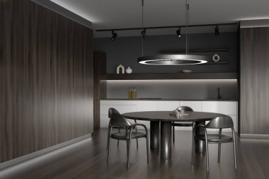 İçinde sandalyeler ve ahşap zeminde yemek masası olan karanlık bir mutfak, mutfak gereçleri ve lamba olan bir yer. Modern mobilyalı lüks mutfak, 3 boyutlu tasarım.