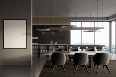 Kitchen interior with chairs and dining table, decoration and dishes on countertop, grey concrete floor, panoramic window with countryside view. Mockup poster before entrance, 3D rendering