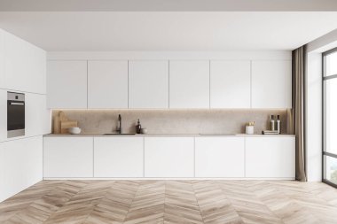White kitchen interior cabinet with sink, deck with kitchenware, window on countryside. Shelves and oven, hardwood floor, 3D rendering