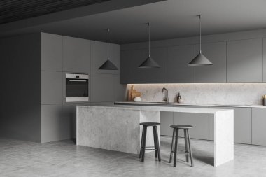 Dark kitchen corner interior with two bar chairs and countertop on grey concrete floor, side view, sink with kitchenware and oven. Modern cooking space in apartment, 3D rendering