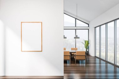 Business meeting room interior with armchairs and table, hardwood floor. Panoramic window with New York city view on skyscrapers. Mockup poster canvas on white wall, 3D rendering