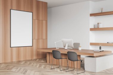 Corner view on bright office room interior with empty white poster, desk with desktop, chairs, shelves with books and hardwood floor. Place for working process and meeting. Mock up. 3d rendering