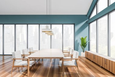 Ofis odasının önü toplantı masası, koltuklar, gökdelenler manzaralı panoramik pencereler ve ahşap zemin. Çalışma süreci ve buluşma yeri kavramı. 3d oluşturma