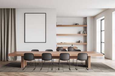White meeting room interior with chairs and wooden table, carpet on hardwood floor. Rack with decoration and consulting area on background. Window on countryside. Mockup poster, 3D rendering