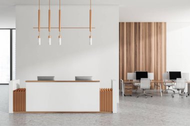 White reception interior with pc desktop and computers in row on grey concrete floor. Business coworking workplace with window on city view, 3D rendering