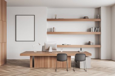 White consulting interior with work desk and pc computer, hardwood floor. Shelf with decoration and books. Mock up poster on wall, 3D rendering