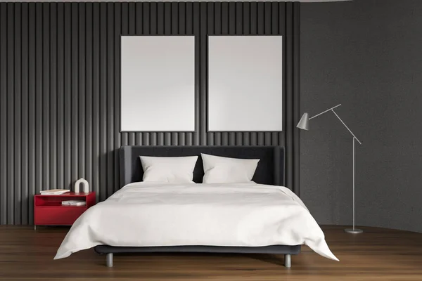 Wooden Bedroom Interior Bed White Linens Nightstand Books Decoration Hardwood — Foto de Stock