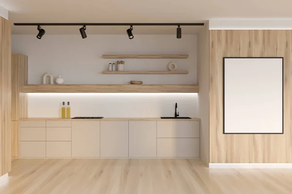 Bright kitchen room interior with empty white poster, gas cooker, oak wooden floor, sink, oil, crockery, white walls. Concept of minimalist design. Space for creative idea. Mock up. 3d rendering