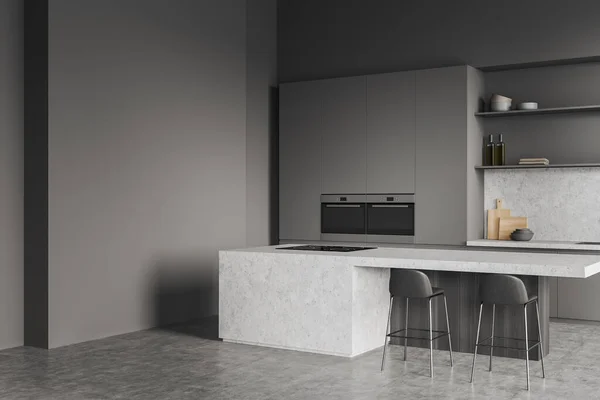 Dark Kitchen Interior Bar Chairs Countertop Grey Concrete Floor Side — Stok fotoğraf