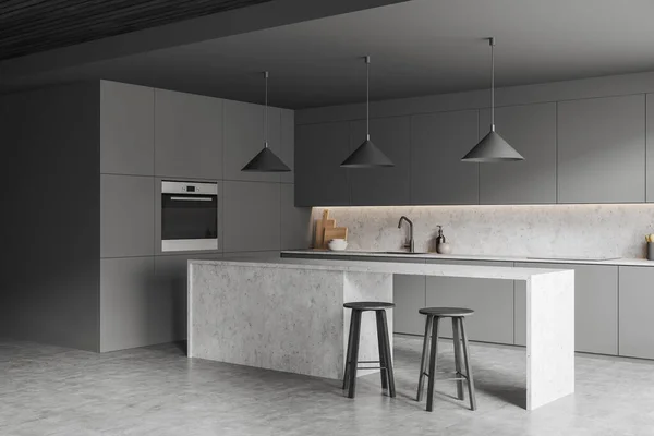 Dark Kitchen Corner Interior Two Bar Chairs Countertop Grey Concrete — Stock Photo, Image