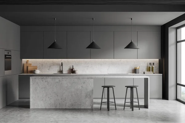 Dark Cooking Interior Bar Chairs Countertop Grey Concrete Floor Sink — Stock Photo, Image