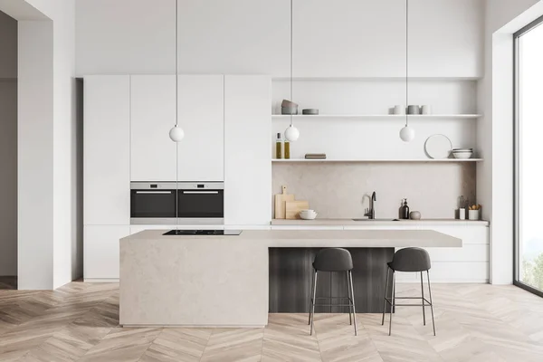 White Cooking Interior Bar Chairs Countertop Hardwood Floor Sink Kitchenware — 스톡 사진