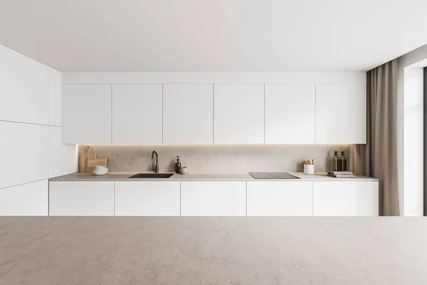 Light countertop on background of white kitchen interior with sink, stove and kitchenware. Mockup copy space for product display. 3D rendering