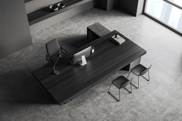 Top View Dark Consulting Room Interior Desk Armchair Grey Concrete — Stok fotoğraf