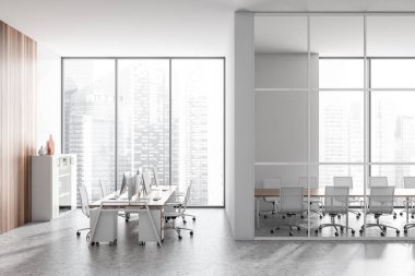 White office room interior with chairs and table with pc computers, panoramic windows with Singapore city view, conference room behind glass doors. 3D rendering