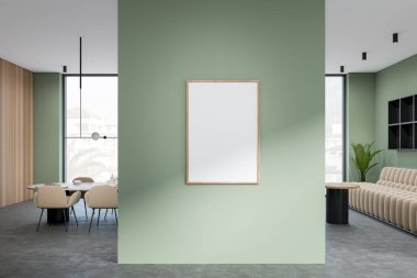 Green dining room interior with chairs and table, panoramic window on countryside view, grey concrete floor. Sofa and shelf for decoration. Mockup canvas poster. 3D rendering