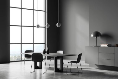 İçi siyah sandalyeler, ahşap masa, yan görüş kırsal manzaralı panoramik pencere, gri beton zemin. Sanat süslemeli çekmece. 3B görüntüleme