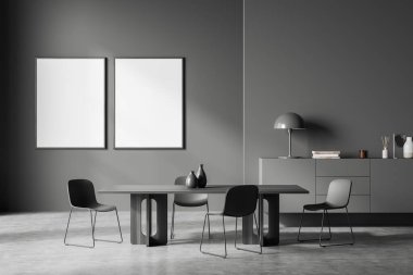 İçi ahşap masa ve sandalyelerle dolu karanlık toplantı odası, ön manzara, sanat dekorasyonlu şifonyer, gri beton zemin. İki tane boş poster. 3B görüntüleme