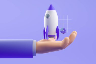 Çizgi film el ve roket fırlatma, iş kurma projesi ve mavi arka planda finansal grafik. Fikir ve yatırım kavramı. 3B görüntüleme