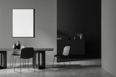 İçi ahşap masa ve sandalyelerle dolu karanlık yemek odası, ön manzara, koridorunda sanat süsleri olan şifonyer, gri beton zemin. Boş posterler yap. 3B görüntüleme