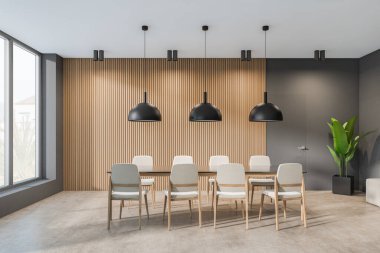 Toplantı odasının içinde sandalyeler ve bej beton zemin üzerinde masa, köşede lamba ve bitki. Kırsal kesimde panoramik pencere. 3B görüntüleme