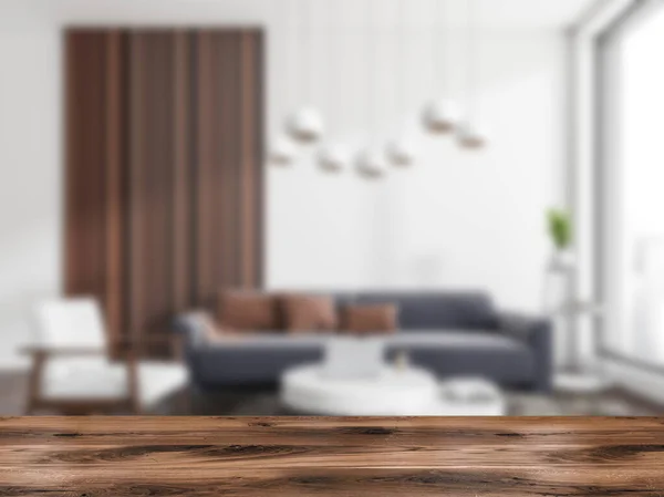 Wooden Desk Foreground White Relax Room Interior Sofa Armchair Blurred —  Fotos de Stock