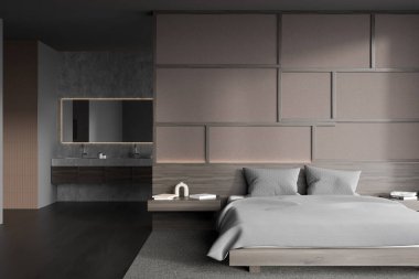 Karanlık yatak odası ve banyo manzarası yatak, ayna, lavabo, yatak başucu, halı ve meşe ağacından zemin. Minimalist tasarım kavramı. Rahatlamak ve dinlenmek için yer var. 3d oluşturma