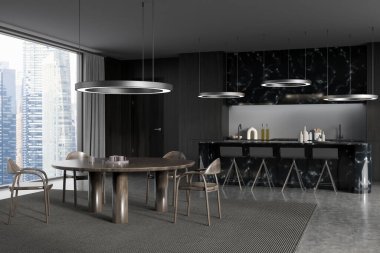 Karanlık mutfak odasının iç tarafı panoramik pencere, bar taburesi, lavabo, yemek masası, beton zemin olan bir ada. Minimalist tasarım kavramı. Yaratıcı fikir için yer var. 3d oluşturma