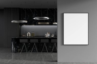 Karanlık mutfak odasının önü boş beyaz posterli bar tabureleri, beton zemin ve gri duvarları olan bir ada. Minimalist tasarım kavramı. Yaratıcı fikir için yer var. Model yap. 3d oluşturma