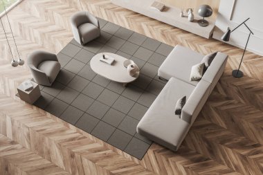 Parlak oturma odasının iç manzarası kanepe, iki koltuk, kitaplarla dolu raf, halı, meşe ağacından ahşap zemin. Minimalist tasarım kavramı. Çalışma süreci için yer var. 3d oluşturma