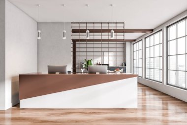 Parlak ofis resepsiyon odasının önü panoramik pencereli Singapur manzaralı, bölmeli ve meşe ağacından zeminli. Çalışma süreci ve buluşma yeri kavramı. 3d oluşturma