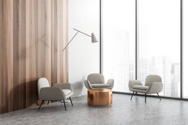 Singapur manzaralı panoramik pencere, sehpa, üç koltuk ve beton zemin. Çalışma süreci ve buluşma yeri kavramı. 3d oluşturma