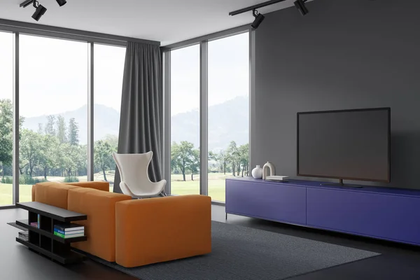 Corner view on dark living room interior with tv, armchair, couch, panoramic window, closet, shelf with books, wooden floor. Concept of minimalist design. Space for relaxation and chill. 3d rendering