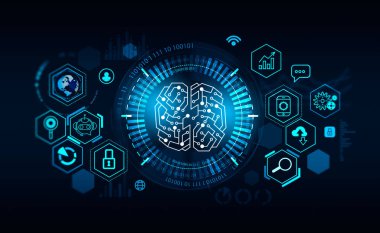 Farklı iş simgeleriyle beyin hud 'u olan dijital hologram. Teknoloji ve makine öğrenme kavramı. 3B görüntüleme