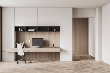 Masaüstü, koltuk, kemer, raflar, kitaplar, gardırop, meşe ağacından ahşap zemin. Minimalist tasarım kavramı. Çalışma süreci için yer var. 3d oluşturma