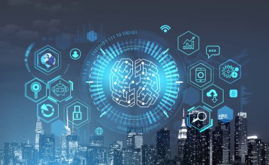 Geceleri New York 'ta iş gökdelenleri, çifte çekim. Beyin gövdesi ve farklı iş simgeleriyle dijital hologram. Yapay zeka kavramı