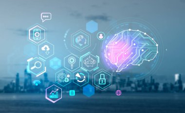 Neon beyinli dijital hologram, simgeler ve makine öğrenme teknolojisi. New York şehir manzarasının bulanık arka planı. Yapay zeka kavramı