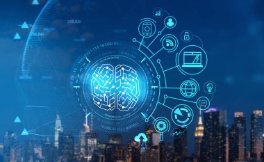 New York City gökdelenleri şehir merkezinde sanal beyin, dünya, dizüstü bilgisayar, akıllı telefon ve ön planda asma kilit ile dijital arayüzü olan panoramik manzara. Siber uzay ve bilgi güvenliği kavramı