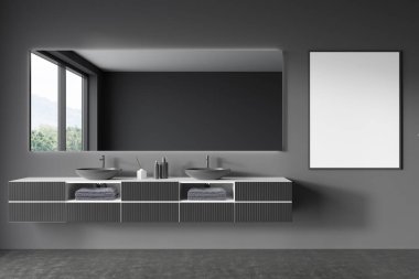 Karanlık banyonun içini boş beyaz poster, panoramik pencere aynada yansıyan kırsal manzara, lavabo, gri duvarlar ve beton zemin. Model yap. 3d oluşturma