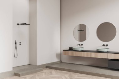 Çift lavabo ve aynalı beyaz banyo, yan görüş, podyumda duş. Çamaşır odası köşesi, ahşap zemin, ahşap şifonyer. Model boş duvar, 3B görüntüleme