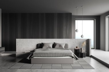 Yatak odası, yatak odası, aksanlı duvar, dekorasyonlu komodin, gri beton zeminde halı. Kırsal alanda panoramik pencere. 3B görüntüleme