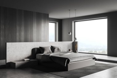 İçinde yatak ve bölme olan karanlık bir yatak odası, kitaplar ve lambalar olan komodin, yan görüş, gri beton zeminde halı. Kırsal kesimde panoramik pencere. 3B görüntüleme